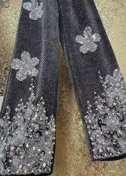 Luxury Sequin Flower Bead Embroidery Woolen Straight Leg Pants Winter
