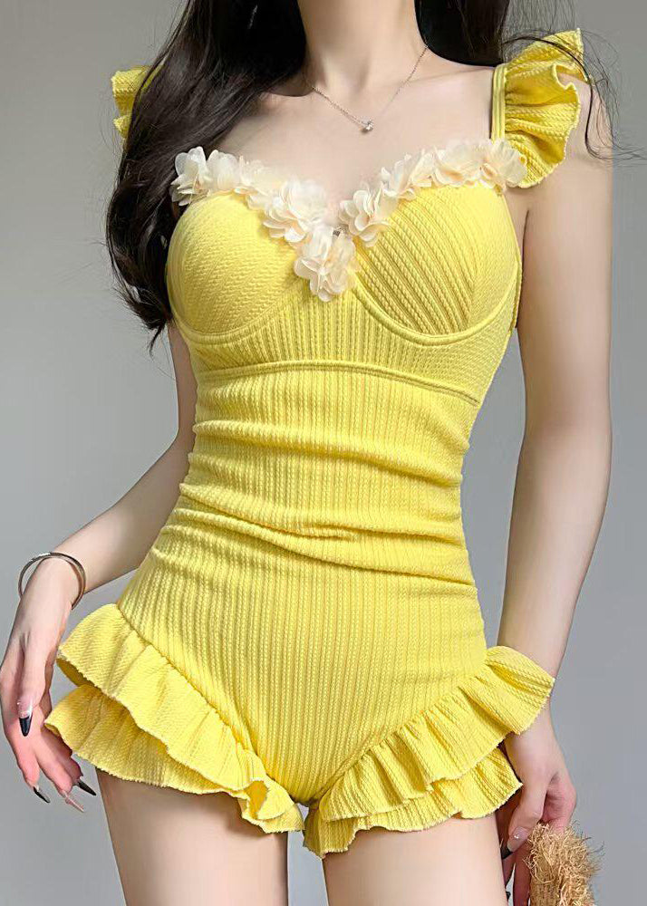 Luxury Yellow Ruffled Teddy Swimwear Bodysuit