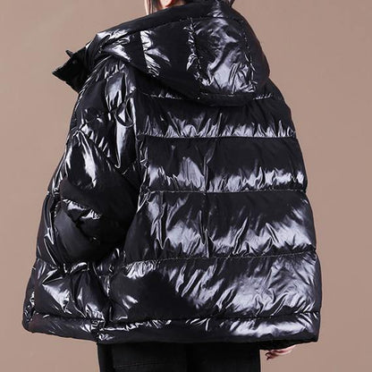 Luxury Black Down Coat Winter Loose-fitting Down Jacket Hooded Zippered Warm Coats - SooLinen