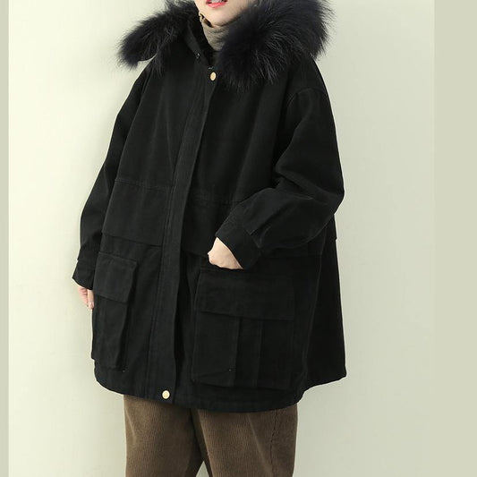 Luxury black winter coats plus size clothing hooded faux fur collar overcoat - SooLinen