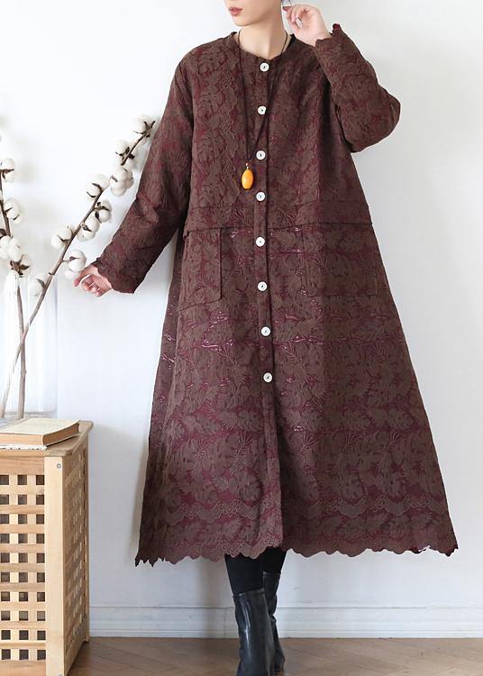 Luxury chocolate women coats oversize warm winter coat o neck Jacquard outwear - SooLinen