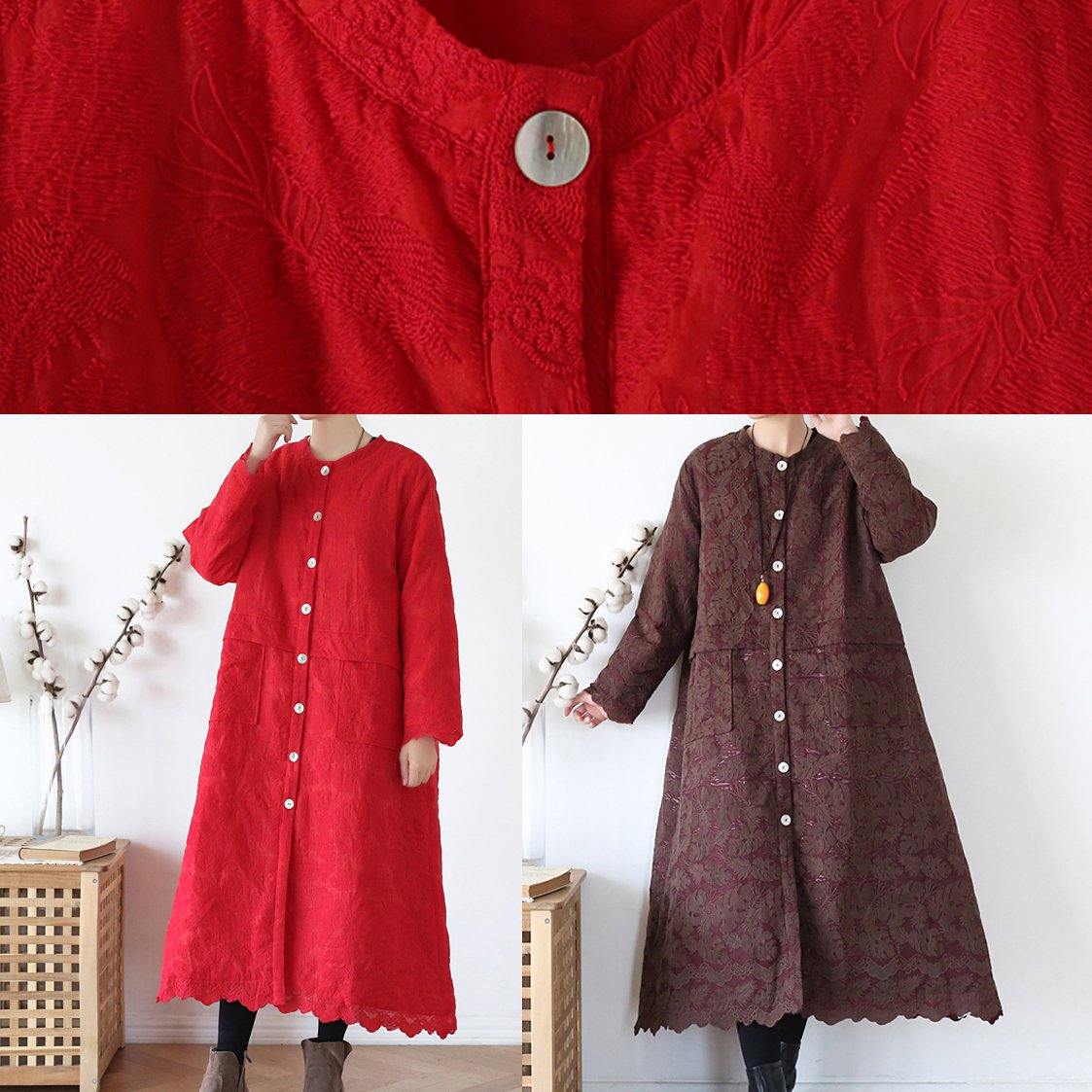 Luxury chocolate women coats oversize warm winter coat o neck Jacquard outwear - SooLinen