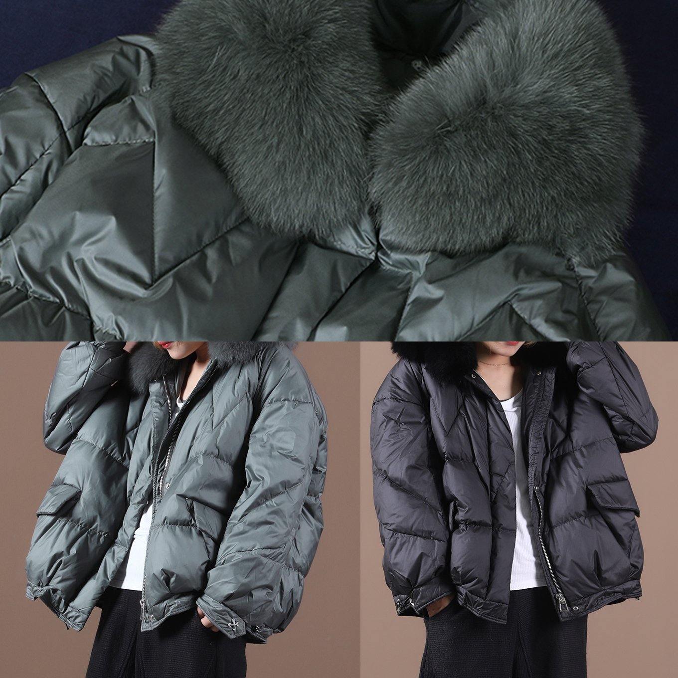 Luxury gray down jacket woman Loose fitting winter fur collar zippered hooded New Jackets - SooLinen
