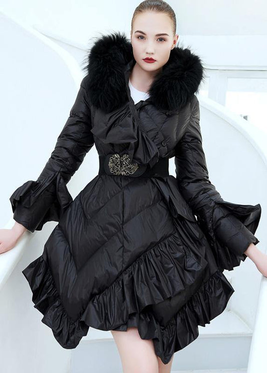 Luxury plus size clothing down jacket tie waist Jackets black ruffles hem warm winter coat - SooLinen