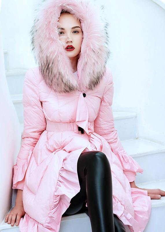 Luxury plus size clothing down jacket tie waist Jackets black ruffles hem warm winter coat - SooLinen