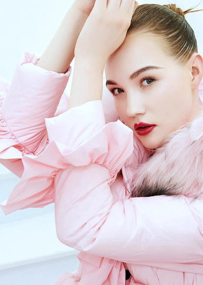 Luxury plus size clothing down jacket tie waist Jackets black ruffles hem warm winter coat - SooLinen