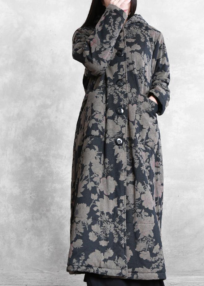 Luxury plus size snow coats black print hooded Button Down women parka - SooLinen