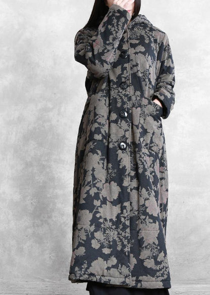 Luxury plus size snow coats black print hooded Button Down women parka - SooLinen