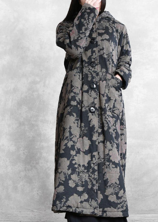 Luxury plus size snow coats black print hooded Button Down women parka - SooLinen