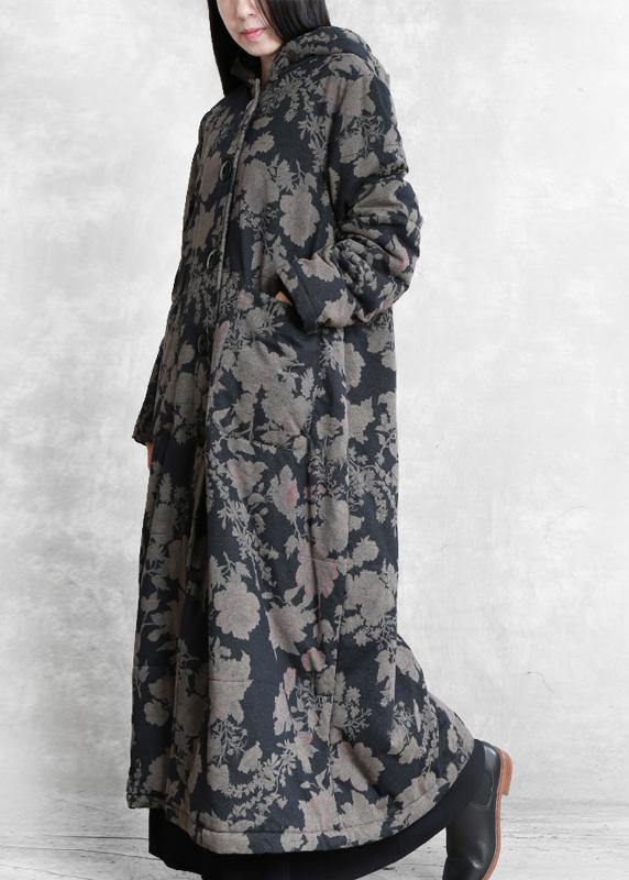 Luxury plus size snow coats black print hooded Button Down women parka - SooLinen