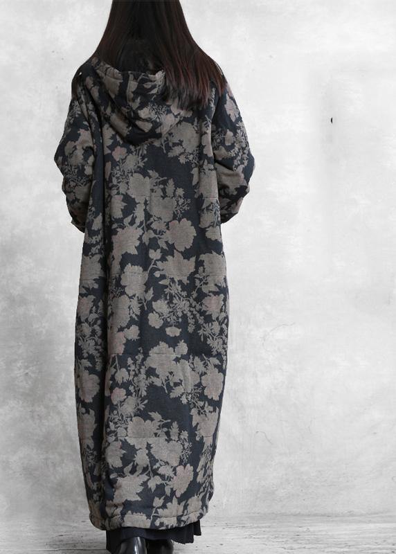 Luxury plus size snow coats black print hooded Button Down women parka - SooLinen