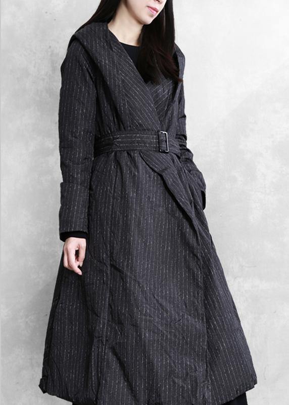 Luxury plus size womens parka coats black striped hooded tie waist down jacket woman - SooLinen