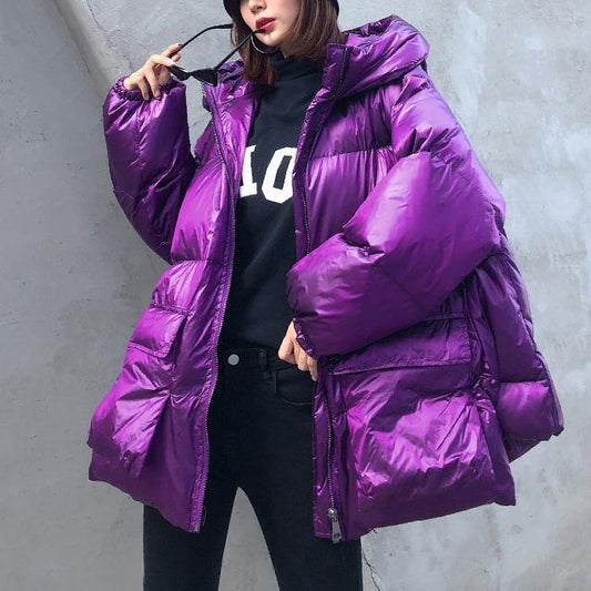 Luxury purple down jacket woman plus size clothing winter jacket hooded zippered Elegant coats - SooLinen