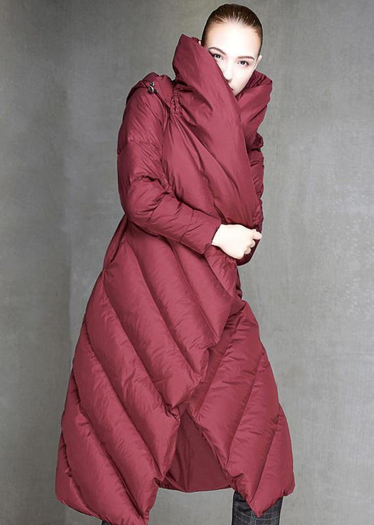 Luxury trendy plus size down jacket hooded coats burgundy dark buckle down jacket woman - SooLinen
