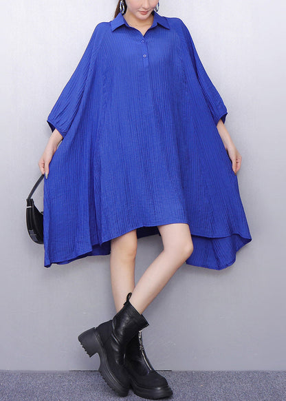 Magical Blue Peter Pan Collar Oversized Cotton Mid Dress Half Sleeve
