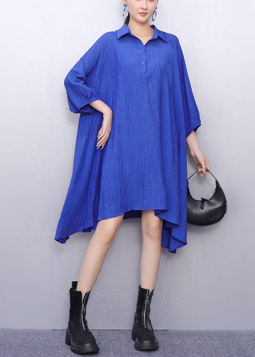 Magical Blue Peter Pan Collar Oversized Cotton Mid Dress Half Sleeve