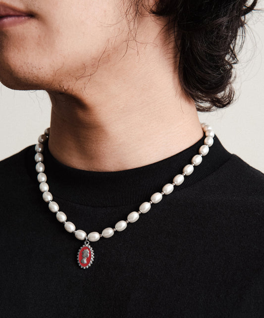 Men White Stainless Steel Pearl Enamel Drip Glaze Pendant Necklace