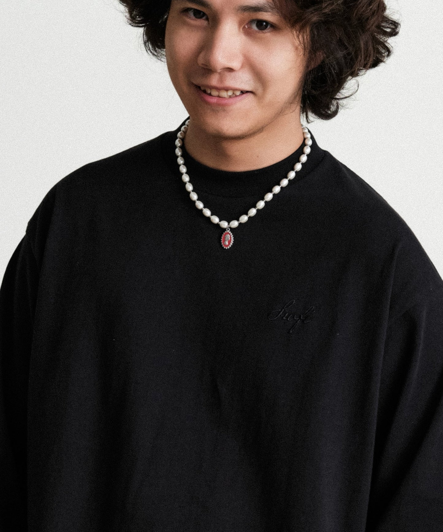 Men White Stainless Steel Pearl Enamel Drip Glaze Pendant Necklace