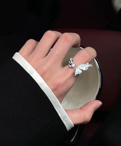 Men White Sterling Silver Zircon Butterfly Open Rings