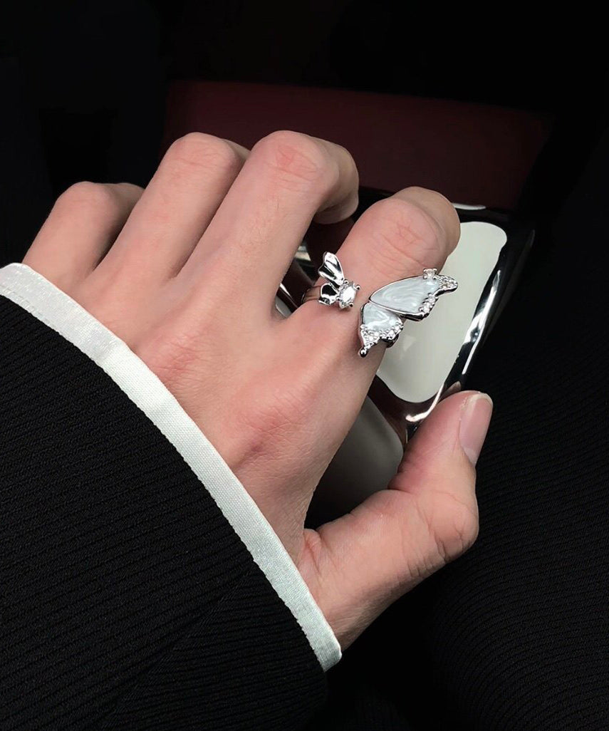 Men White Sterling Silver Zircon Butterfly Open Rings