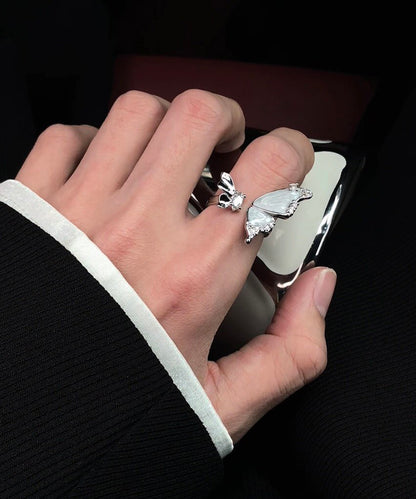 Men White Sterling Silver Zircon Butterfly Open Rings