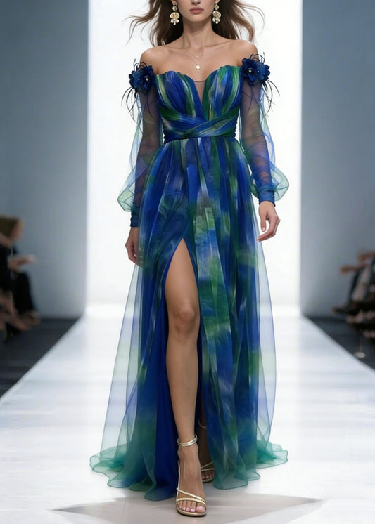 Mesh Tulle Floral Off Shoulder Pleated Slit Evening Maxi Dress