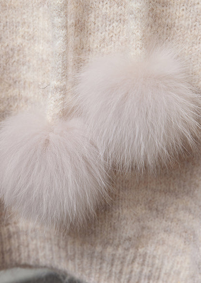 Milk Tea Color Fuzzy Ball Decorated Cozy Knit Sweater Hooded Winter