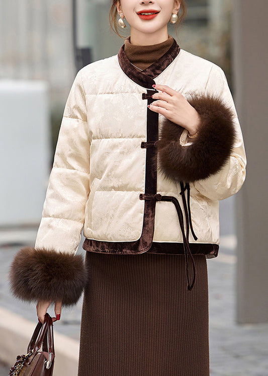 Milk White Patchwork Duck Down Jacket In Winter Tasseled Winter