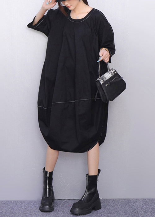 Minimalist Black Lace Up Oversized Cotton Dress Half Sleeve