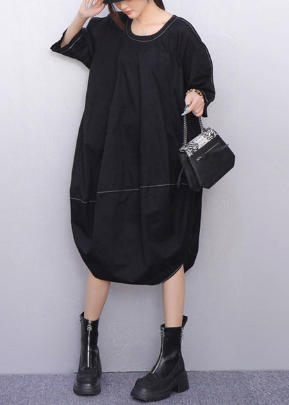 Minimalist Black Lace Up Oversized Cotton Dress Half Sleeve