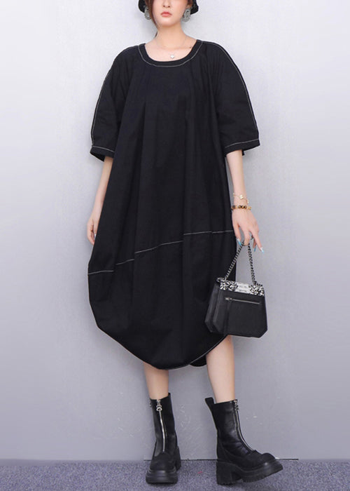 Minimalist Black Lace Up Oversized Cotton Dress Half Sleeve