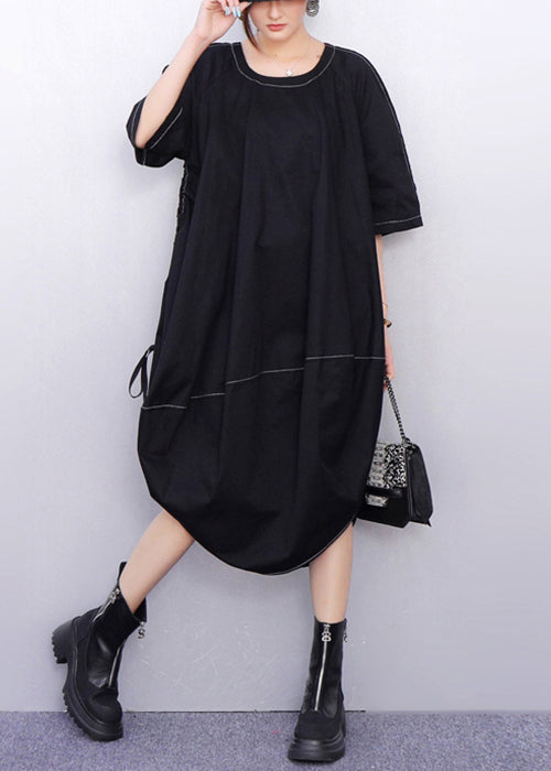 Minimalist Black Lace Up Oversized Cotton Dress Half Sleeve