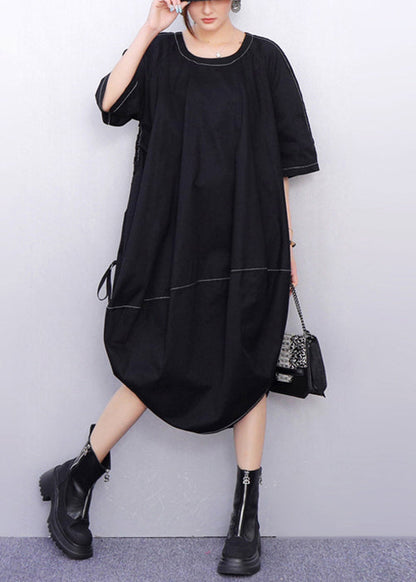 Minimalist Black Lace Up Oversized Cotton Dress Half Sleeve