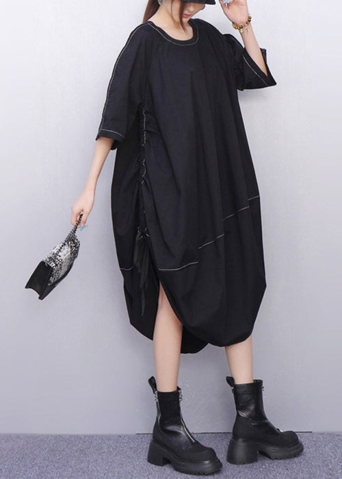 Minimalist Black Lace Up Oversized Cotton Dress Half Sleeve