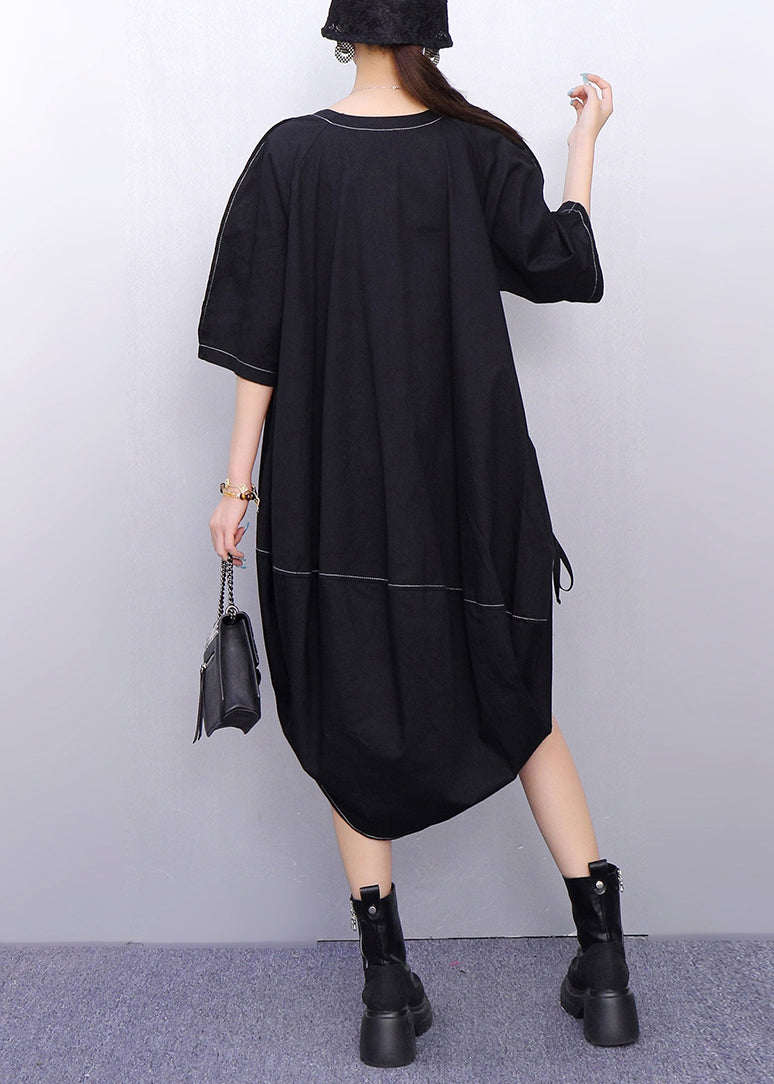 Minimalist Black Lace Up Oversized Cotton Dress Half Sleeve