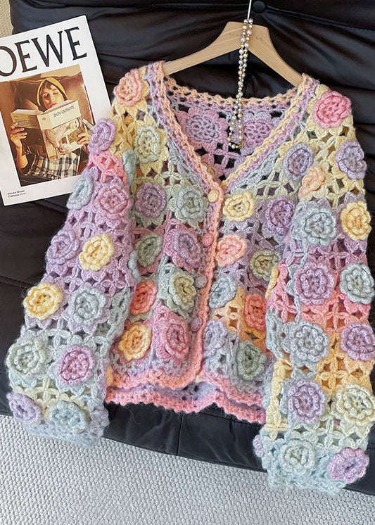 Mixed Color Floral Decorated Hollow Out Knit Cardigans Fall