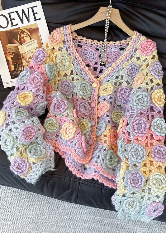Mixed Color Floral Decorated Hollow Out Knit Cardigans Fall