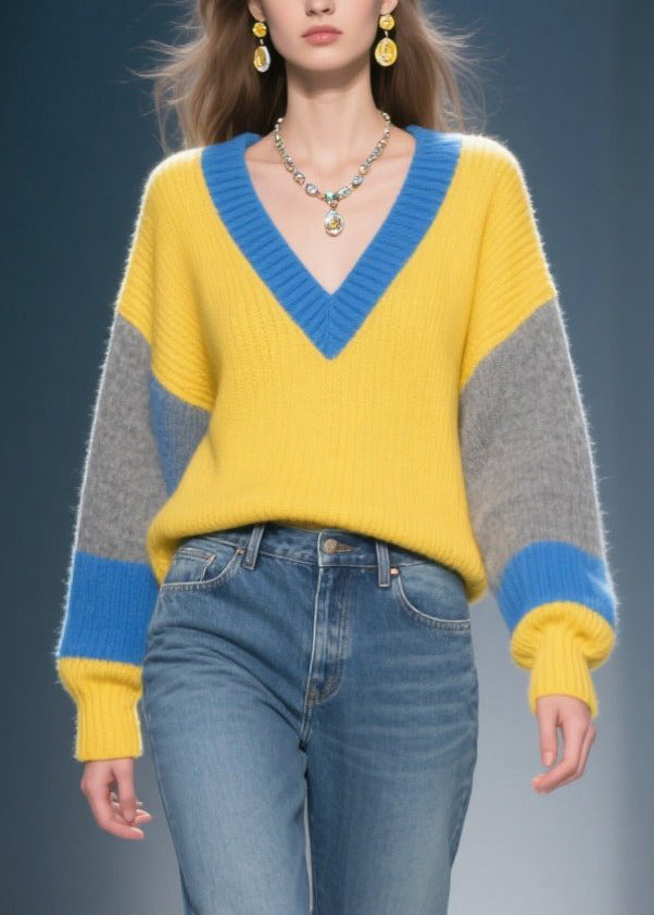 Mixed Color Patchwork Thcik Sweaters V Neck Winter