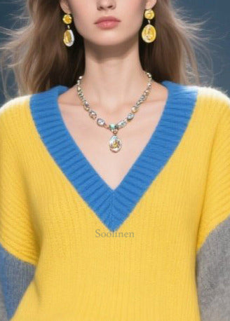 Mixed Color Patchwork Thcik Sweaters V Neck Winter