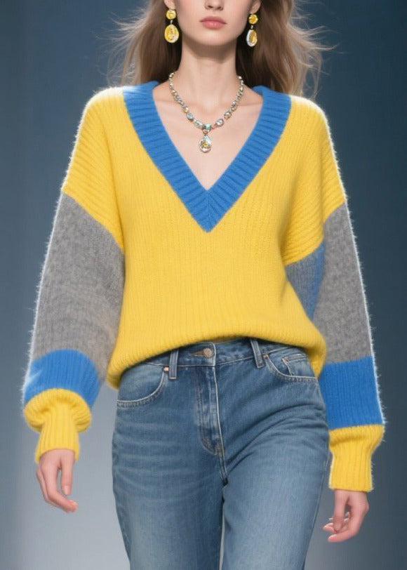 Mixed Color Patchwork Thcik Sweaters V Neck Winter