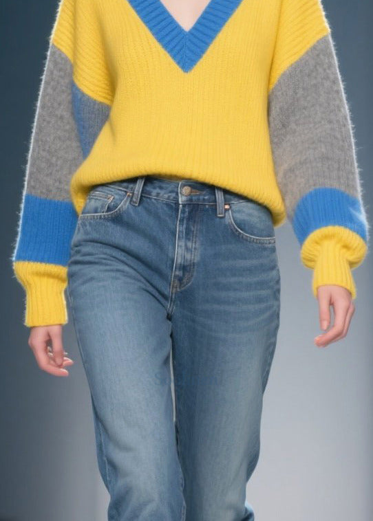 Mixed Color Patchwork Thcik Sweaters V Neck Winter