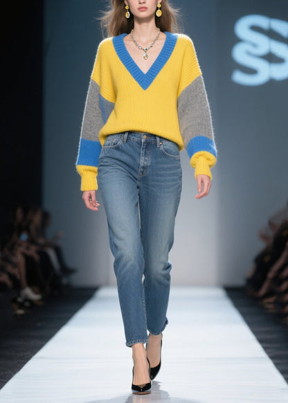 Mixed Color Patchwork Thcik Sweaters V Neck Winter