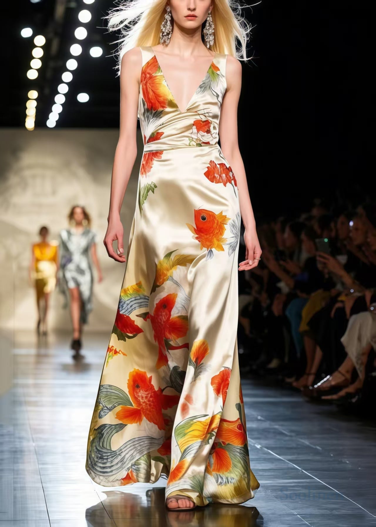 Modern Apricot Koi Fish Print Draping Silk Vestidos Dresses Sleeveless