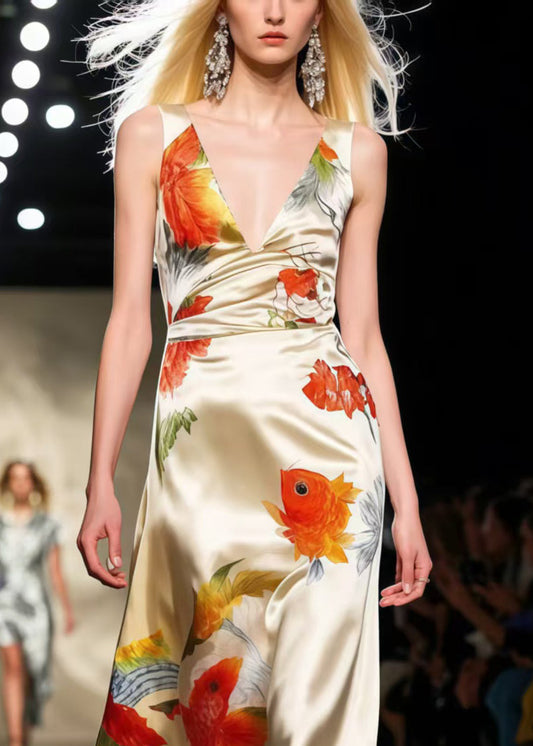 Modern Apricot Koi Fish Print Draping Silk Vestidos Dresses Sleeveless