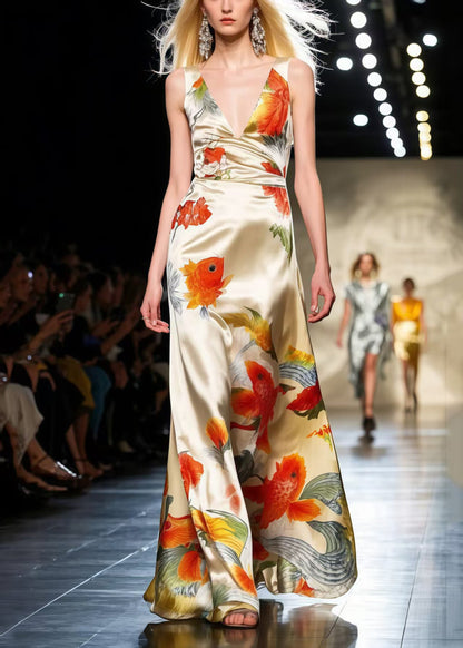Modern Apricot Koi Fish Print Draping Silk Vestidos Dresses Sleeveless