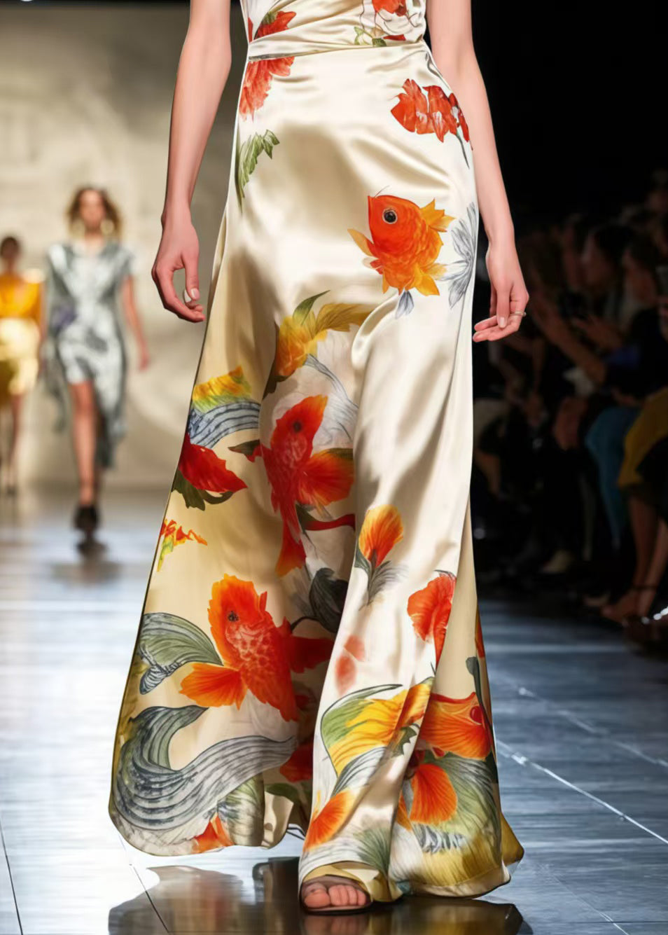 Modern Apricot Koi Fish Print Draping Silk Vestidos Dresses Sleeveless