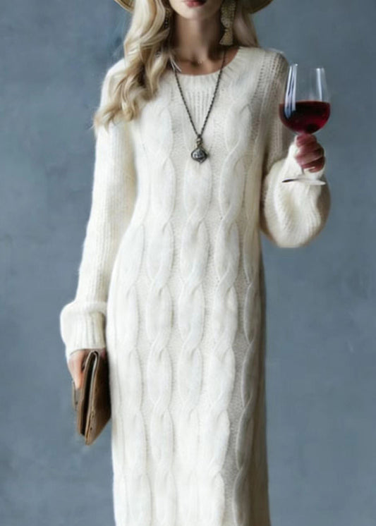 Modern Apricot O Neck Cozy Warm Knit Sweater Dress Spring