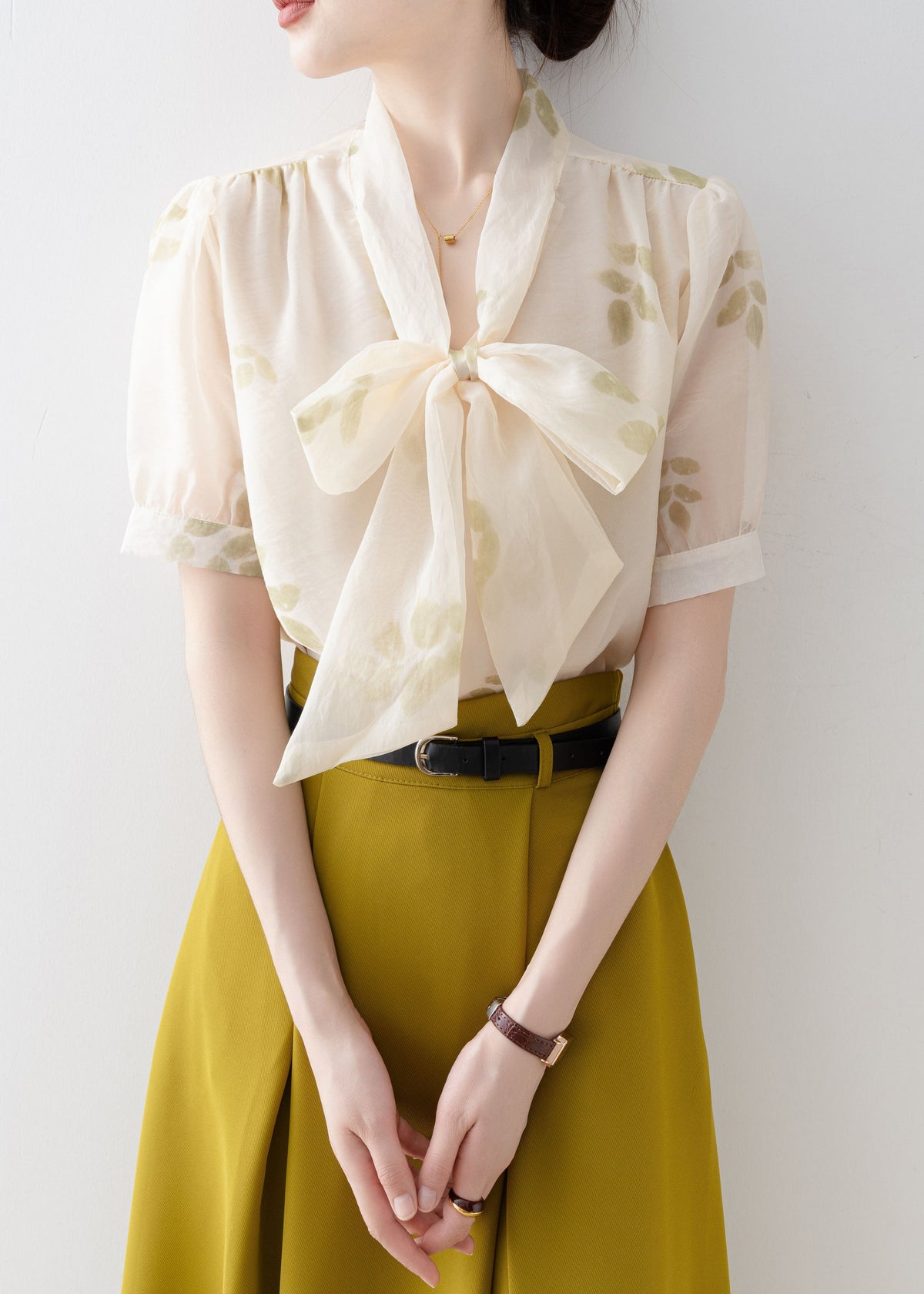 Modern Apricot Print V Neck Lace Up Bow Chiffon Shirt Short Sleeve