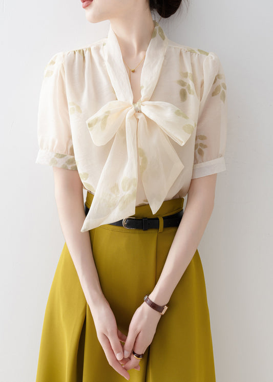 Modern Apricot Print V Neck Lace Up Bow Chiffon Shirt Short Sleeve