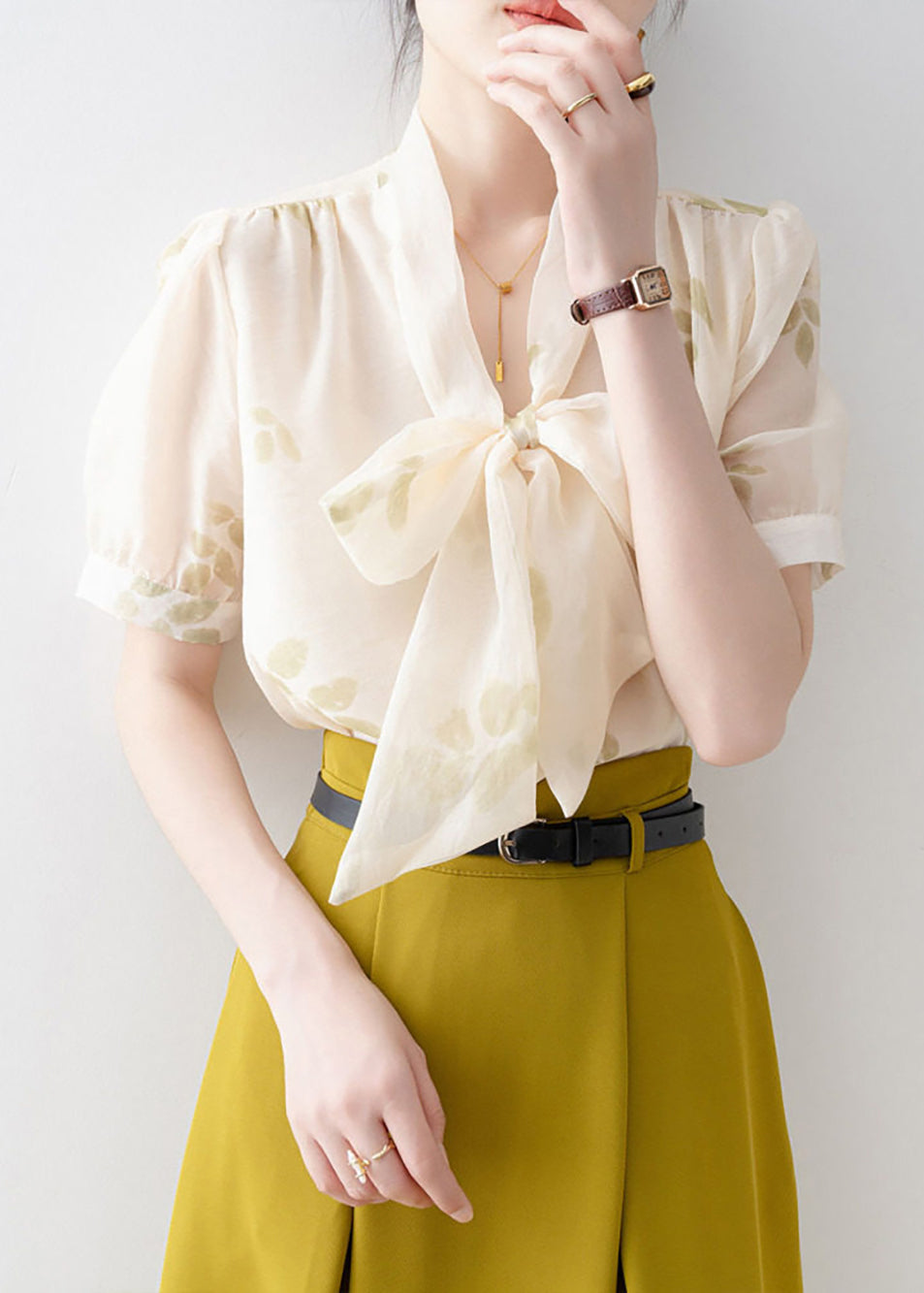 Modern Apricot Print V Neck Lace Up Bow Chiffon Shirt Short Sleeve